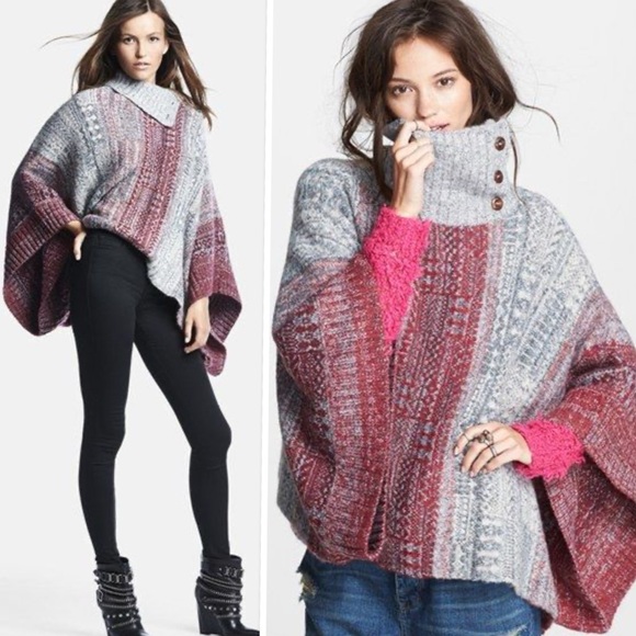 WT Free People Willow Poncho Sweater Pullover Cowl Neck Red Combo Size XS - Picture 1 of 15